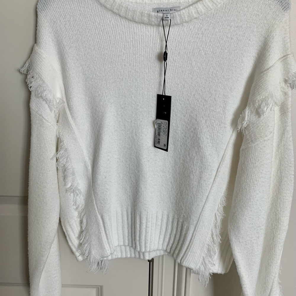 Gianni Bini White Long-Sleeve Fringe Pullover Sweater New with Tags